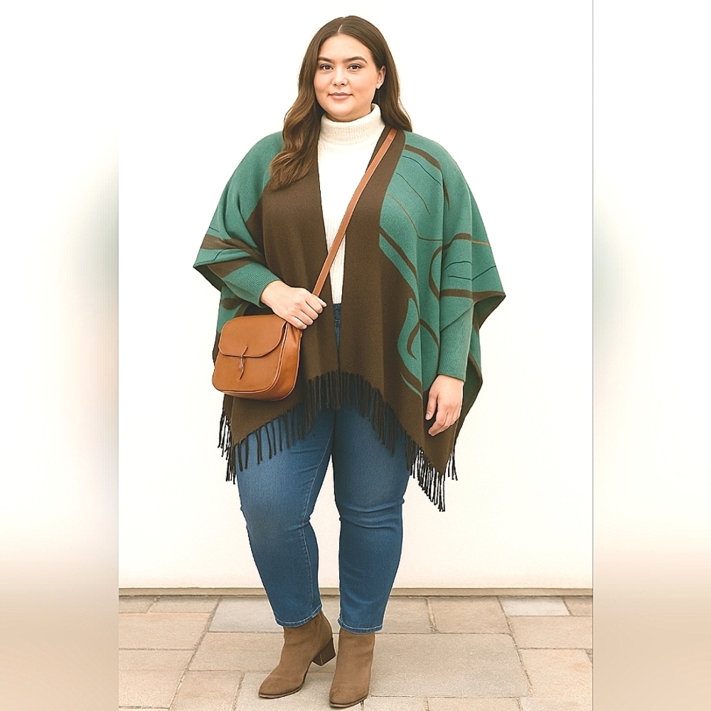 Reversible Ruana Wrap Cape Turquoise & Brown Soft Knit Boho Fringe Shawl XL 1 sz - Picture 12 of 14
